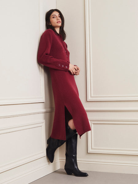 Collared Sweater Button Closure Slit Dress