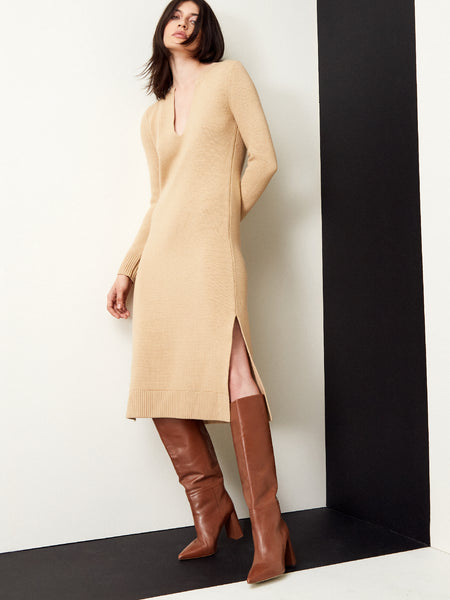 V-neck Sweater Slit Fitted Dress