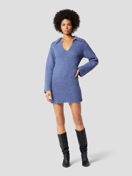 Collared Sweater Ribbed Keyhole Button Closure Dress
