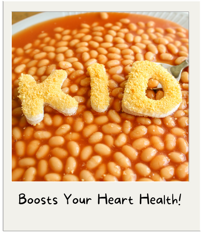 A polaroid of a bowl of beans with toast shaped as letters which spells out kid. At the bottom of the polaroid it says, "Boost Your Heart Health!"