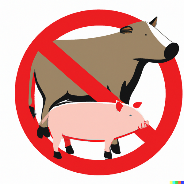 pig and cow with a red circle-slash prohibition sign atop them