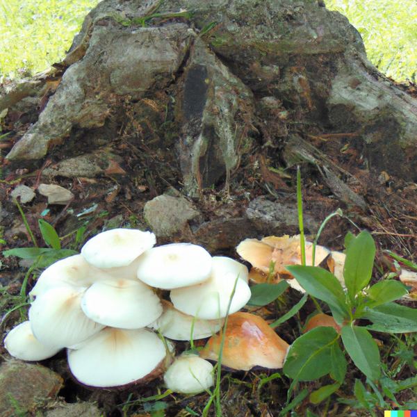 different kinds of mushrooms growing under a big tree