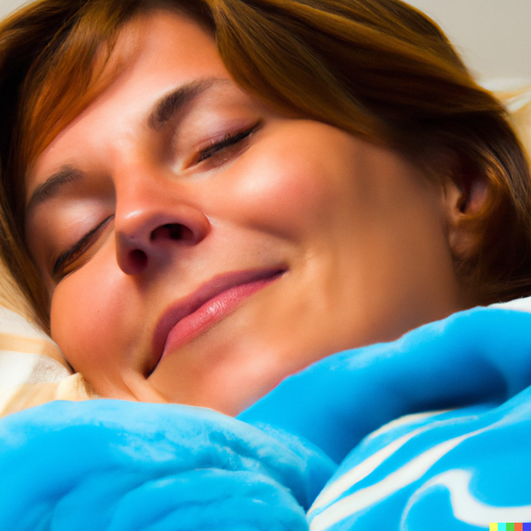 a woman sleeping comfortably in her bed with a happy and relaxed expression, covered with blue blankets with only her head out on a white pillow