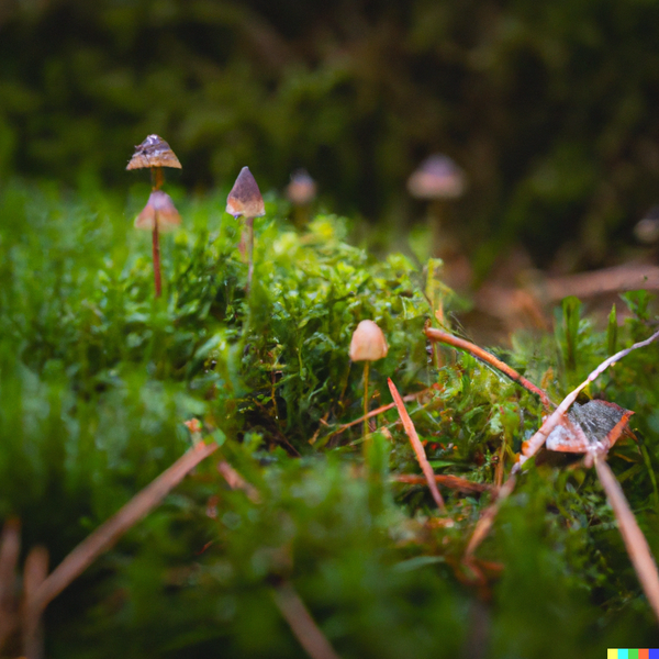 magical looking forest with wild mushrooms and herbs 