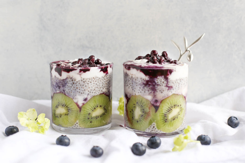 Chia seed pudding with kiwi fruit and berries and chocolate