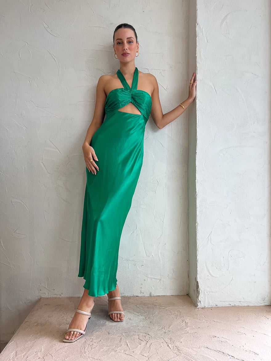 Shona Joy - Lana Ruched Halter Midi Dress, Tree Green
