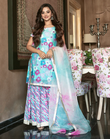 Indian Sky Blue Ladies Round-neck Full Sleeves Gota Patti Georgette And Chanderi  Sharara Suit at Best Price in New Delhi | The Mushk