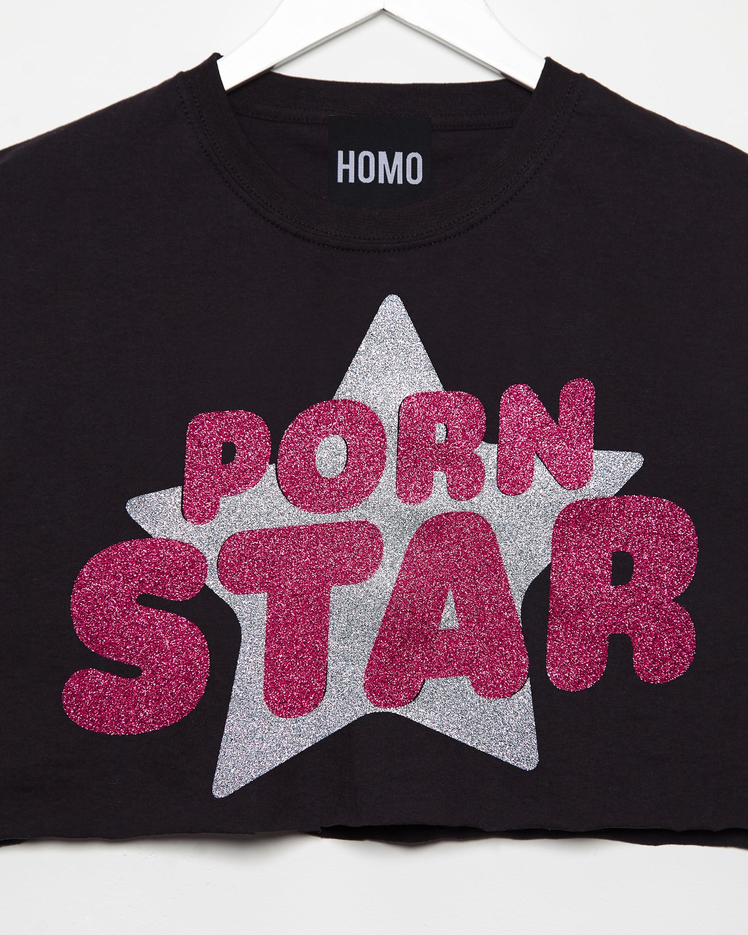 1500px x 1875px - PORN STAR, pink/silver glitter on black - Sleeveless crop-top. â€“ HOMOLONDON