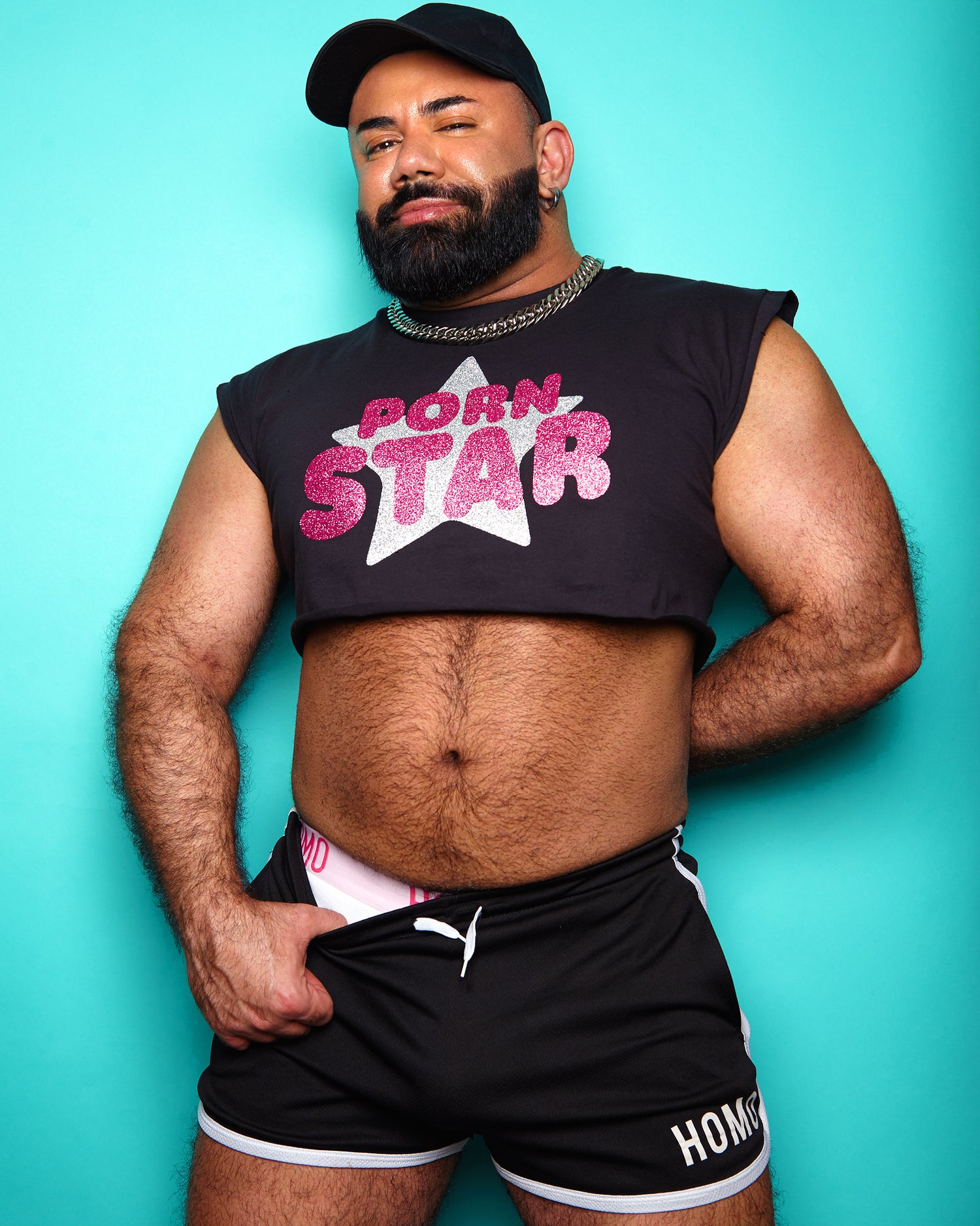 1500px x 1875px - PORN STAR, pink/silver glitter on black - Sleeveless crop-top. â€“ HOMOLONDON