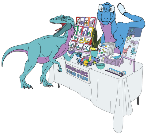 two dinosaurs standing at a Dinosaurs Doing Stuff market table