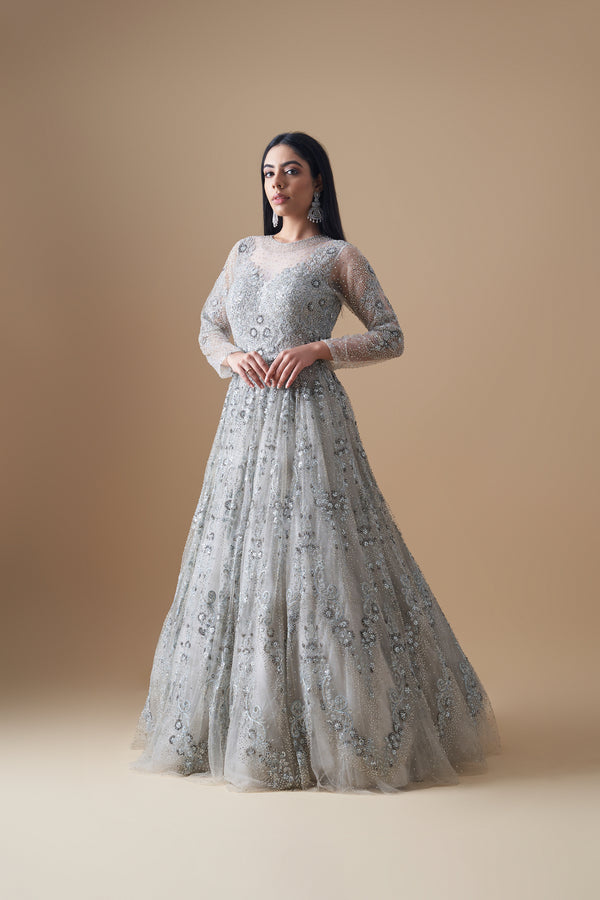 Buy Carolina Blue Sequins Embroidered Net Reception Gown Online | Samyakk