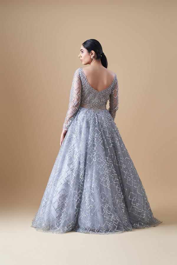 Grey and red Resham work ball gown with Swarovski embellishments – Ricco  India