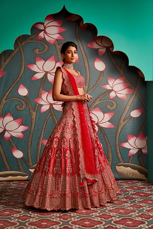 Buy Designer Lehenga - Cherry Red Mirror Work Embroidery Traditional Lehenga  Choli