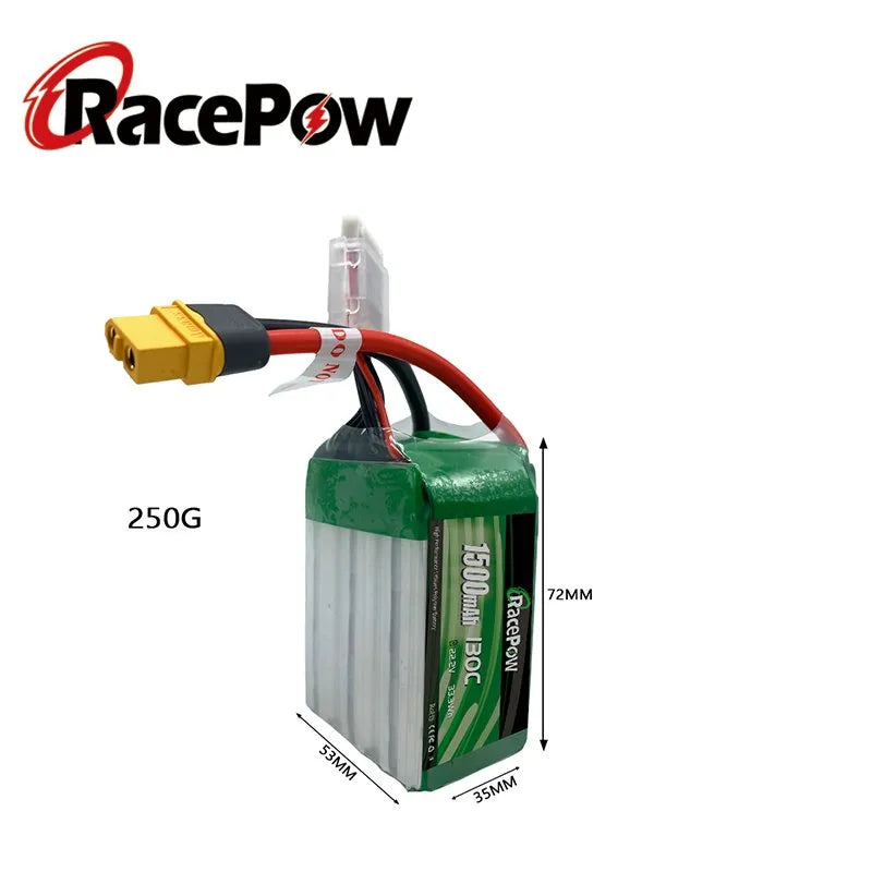 RacePow 1500mAh 22.2V 6S 130C LiPo Akku mit XT60 Stecker für FPV Racing