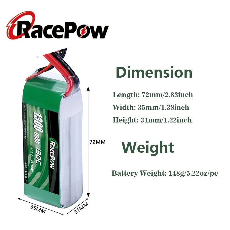 RacePow 1300mAh 14,8V 4S 130C LiPo Akku mit XT60 Stecker für FPV Racing