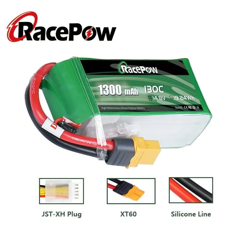 RacePow 1300mAh 14,8V 4S 130C LiPo Akku mit XT60 Stecker für FPV Racing