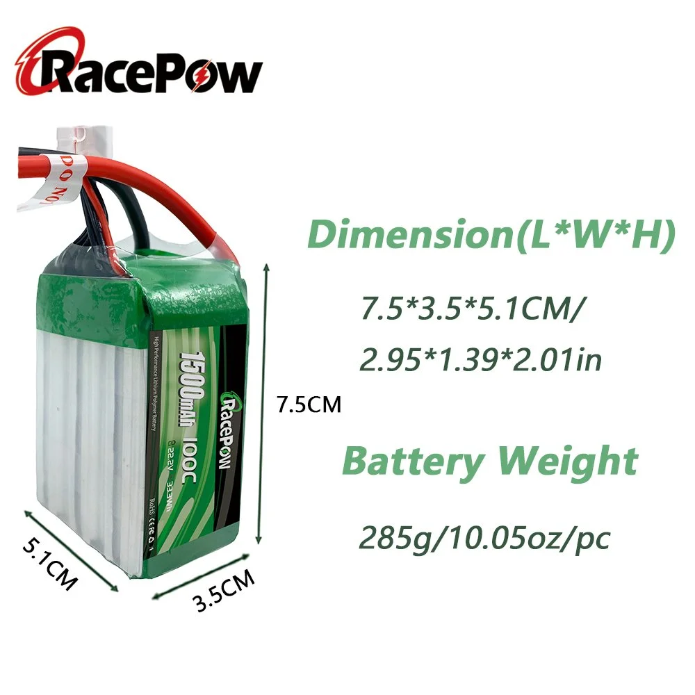 RacePow 1500mAh 22,2V 6S 100C LiPo Akku mit XT60 Stecker für FPV Racing