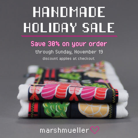 handmade holiday sale graphic with a sushi burp cloth and my old logo in a pixelated font