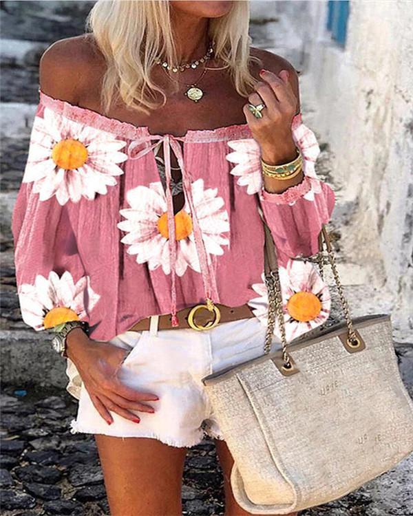 Print Floral Off the Shoulder Long Sleeves Casual Blouses | For Women