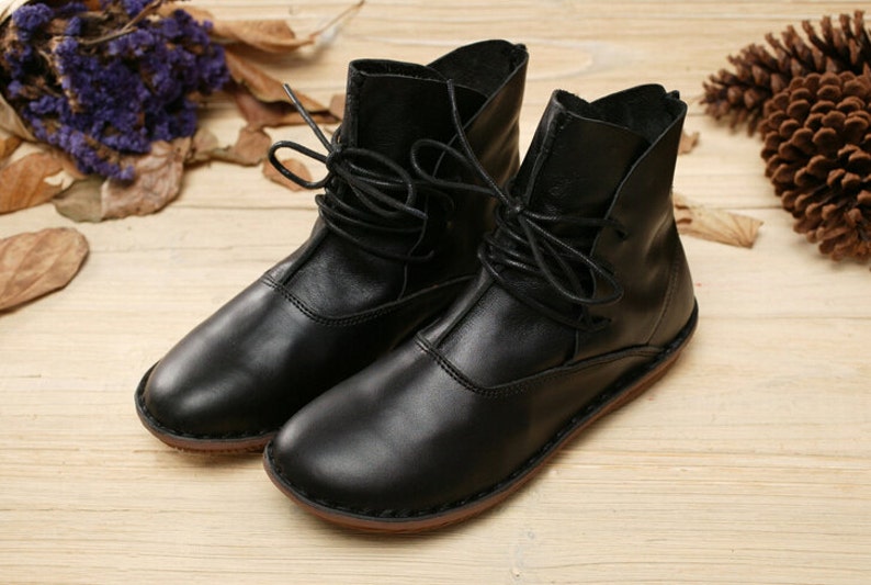 Handmade Shoes,Black Ankle Boots,Oxford Women Shoes, Flat Shoes, Retro Leather Shoes, Casual Shoes, Short Boots,