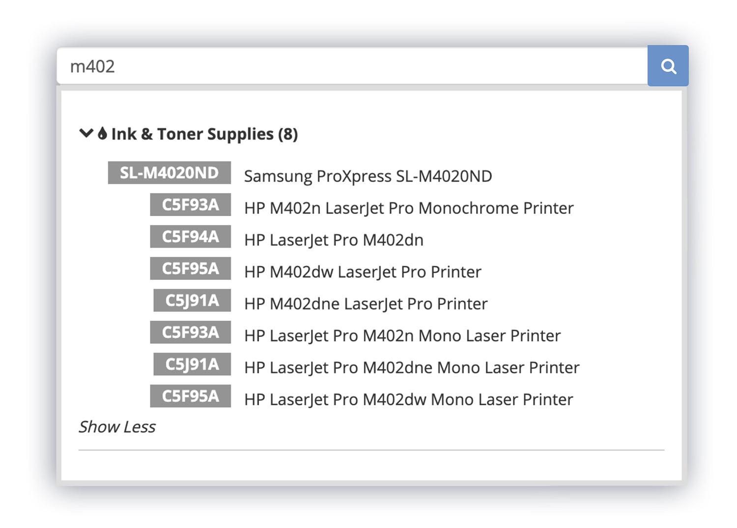 A search bar displaying ink and toner supply results