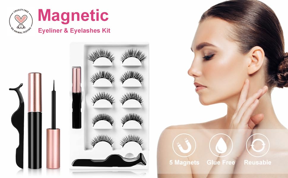 Eyelashes with Eyeliner Kit, 5 Pairs Natural Look False Eyelashes with Applicator, Waterproof Eyeliner Reusable Fake Lashes for Makeup Eyelashes Extension - Emberil Pakistan