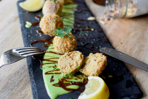 Mashed Tempeh Baked Croquettes with Tahini Lemon & Herb Sauce