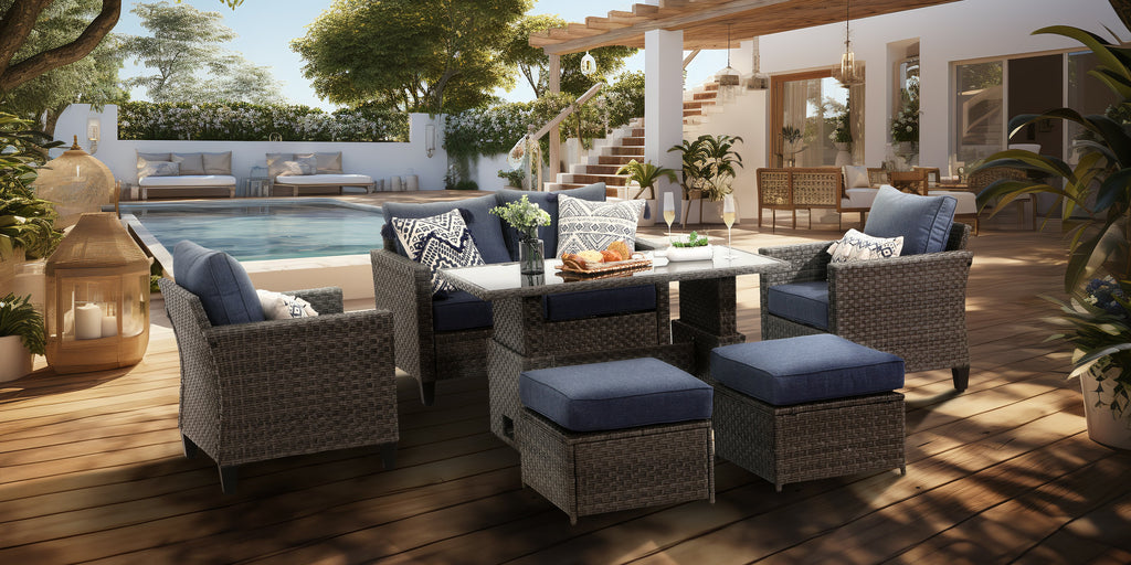 Ayia Wicker Outdoor Conversation Set with Ottomans & Lift-Top Table