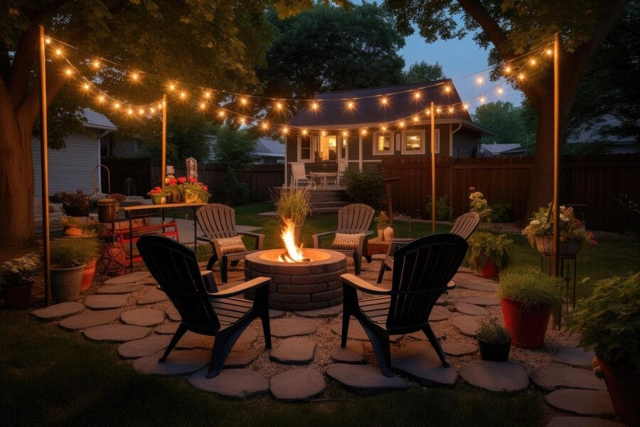 lighting separate outdoor conversation and dining area