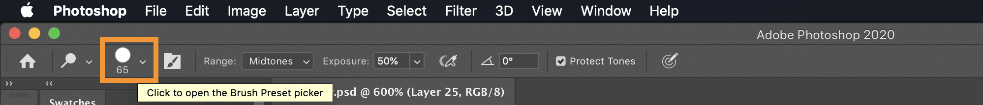 Screenshot of the Photoshop toolbar highlighting which settings need to be changed for the dodge tool in order to brighten selected areas without accidentally increasing the colour count.