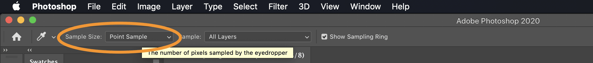 Screenshot of the Photoshop toolbar highlighting which settings need to be changed for the eyedropper tool in order to pick pure colours without accidentally increasing the colour count.