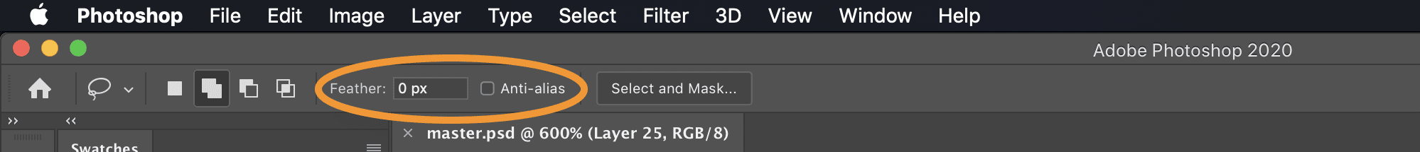 Screenshot of the Photoshop toolbar highlighting which settings need to be changed for the lasso tool in order to make pixel-perfect selections without anti-aliasing.