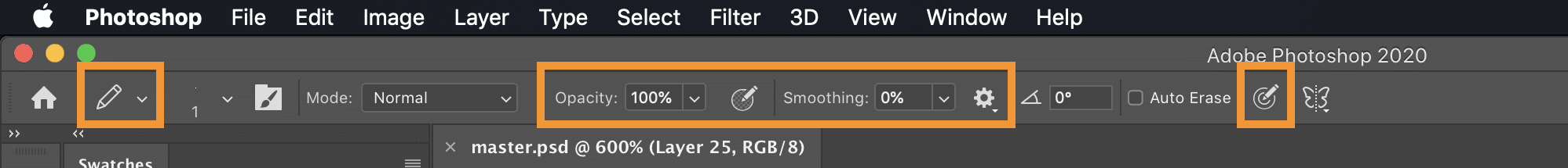 Screenshot of the Photoshop toolbar highlighting which settings need to be changed for the brush or pencil tool in order to draw pixel-perfect strokes without smoothing or anti-aliasing.