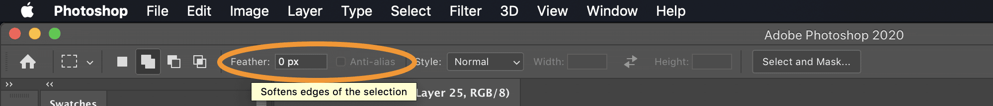 Screenshot of the Photoshop toolbar highlighting which settings need to be changed for the selection tool in order to select pixel-perfect areas without anti-aliasing.