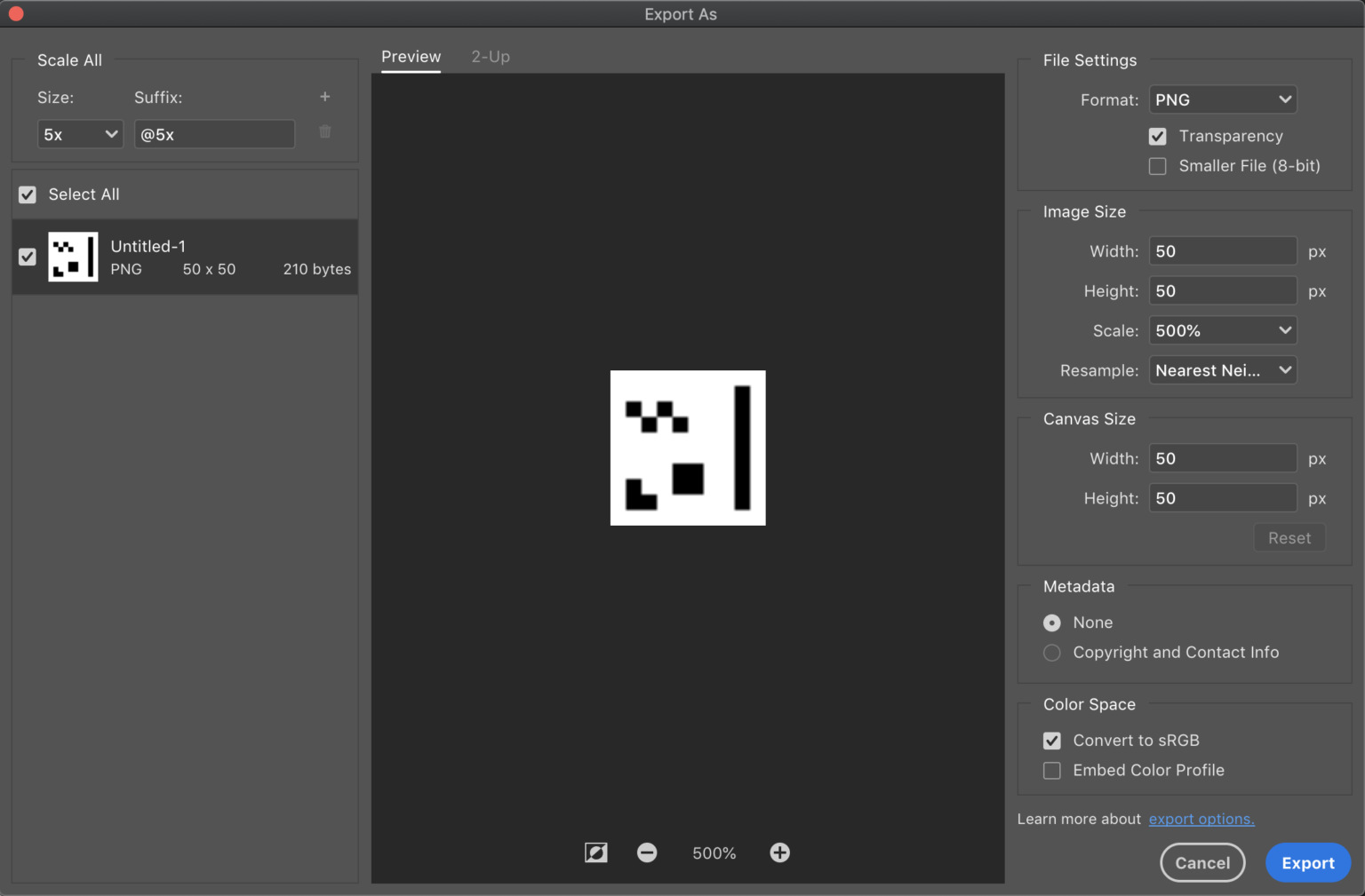 Screenshot of Photoshop's export settings showing some pixel art shapes that have been scaled up with the nearest neighbor interpolation.