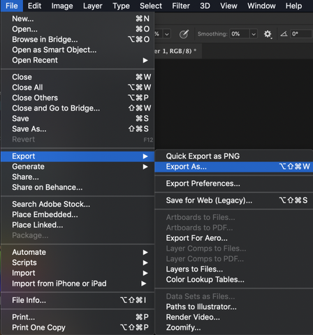 Screenshot of the Photoshop File menu showing how to reach the export function that allows to scale up pixel art.