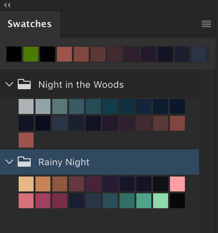 Screenshot of the swatches section in Photoshop showing two named palettes with a limited amount of colours.