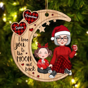 Checkered Pattern Heart Cute Grandma & Grandkid Sitting On Moon Personalized Wooden Ornament - CUSTOMOST