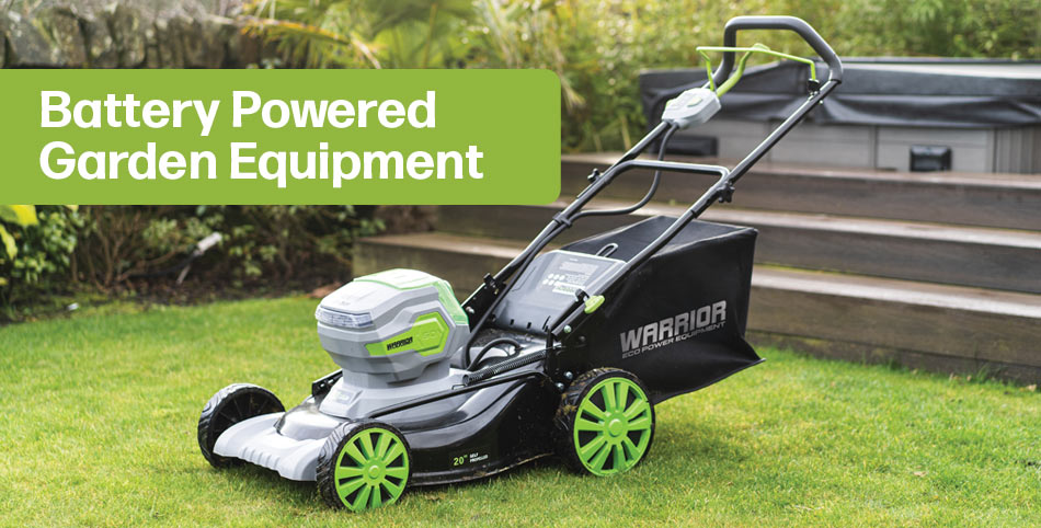 Cordless Lawn Mower stationary in sunny garden
