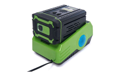 Battery being charged on a Warrior Eco Power Equipment Lithium Battery Charger