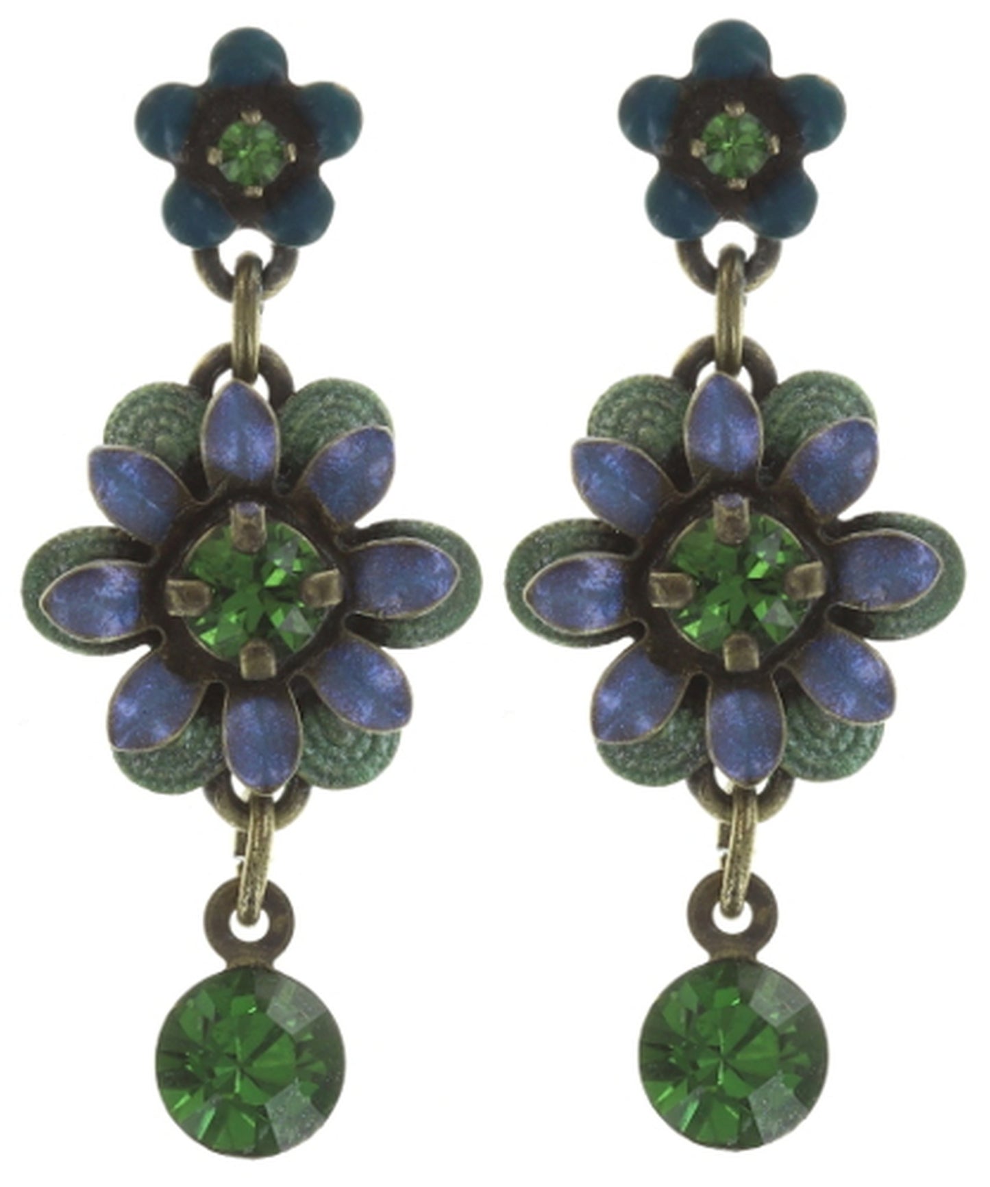 earring stud dangling Mille Fleurs blue/green antique brass