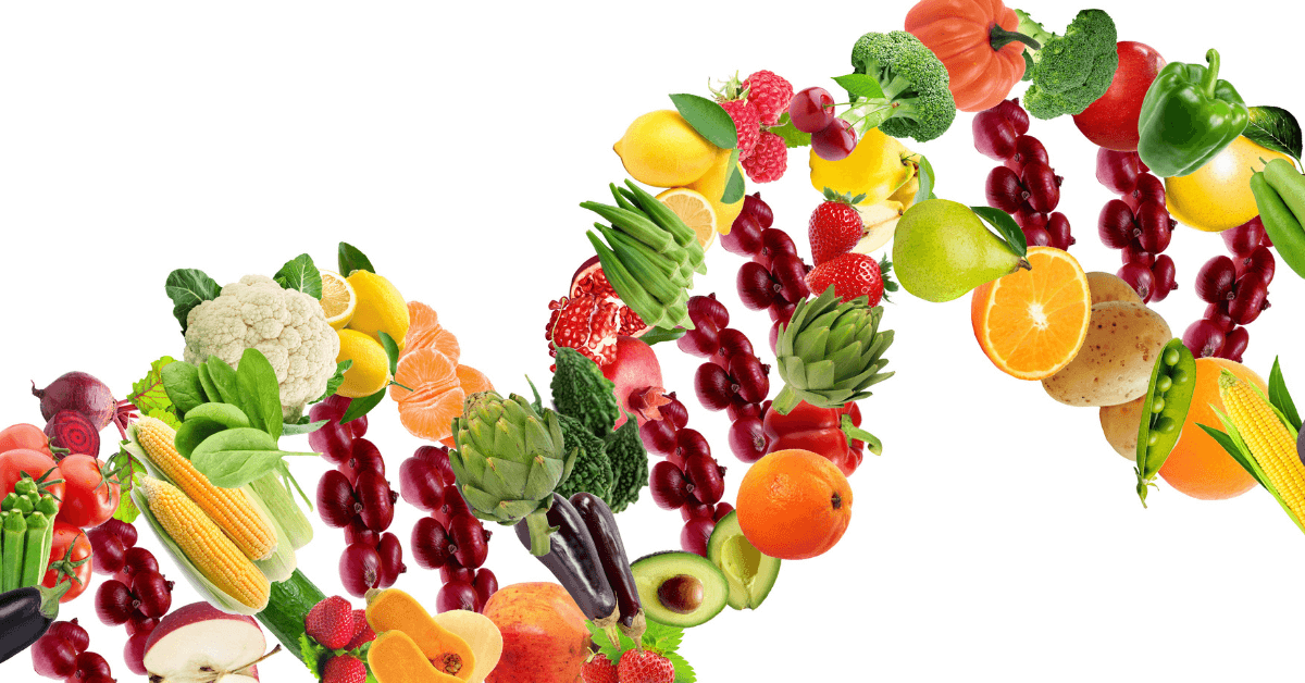fruits and vegetables in a dna strand. Epigenetics. New realities