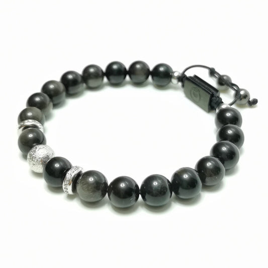 Men's Beaded Bracelet, 8mm Silver Obsidian - Dark Glacier