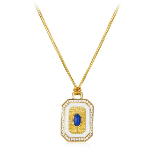 Double Faced Lapis Lazuli Zircon 18k Gold Plated Pendant Necklace - FLORA