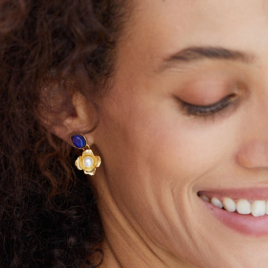 Lapis Lazuli Pearl Flower 18k Gold-plated Earrings - LEILANY