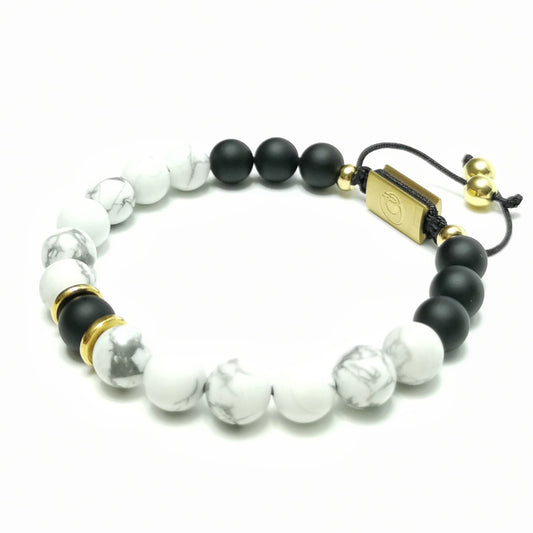 Men's Beaded Bracelet, 8mm Howlite Black Onyx - Snow Shadow