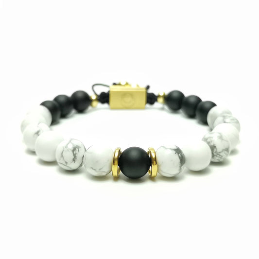 Men's Beaded Bracelet, 8mm Howlite Black Onyx - Snow Shadow