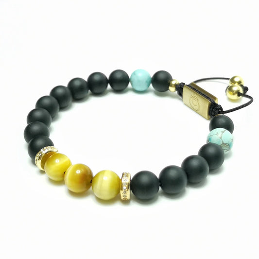 Men's Beaded Bracelet, 8mm Black Onyx Tigerite Turquoise - Wheel of Time