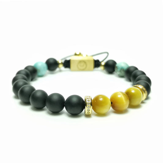 Men's Beaded Bracelet, 8mm Black Onyx Tigerite Turquoise - Wheel of Time