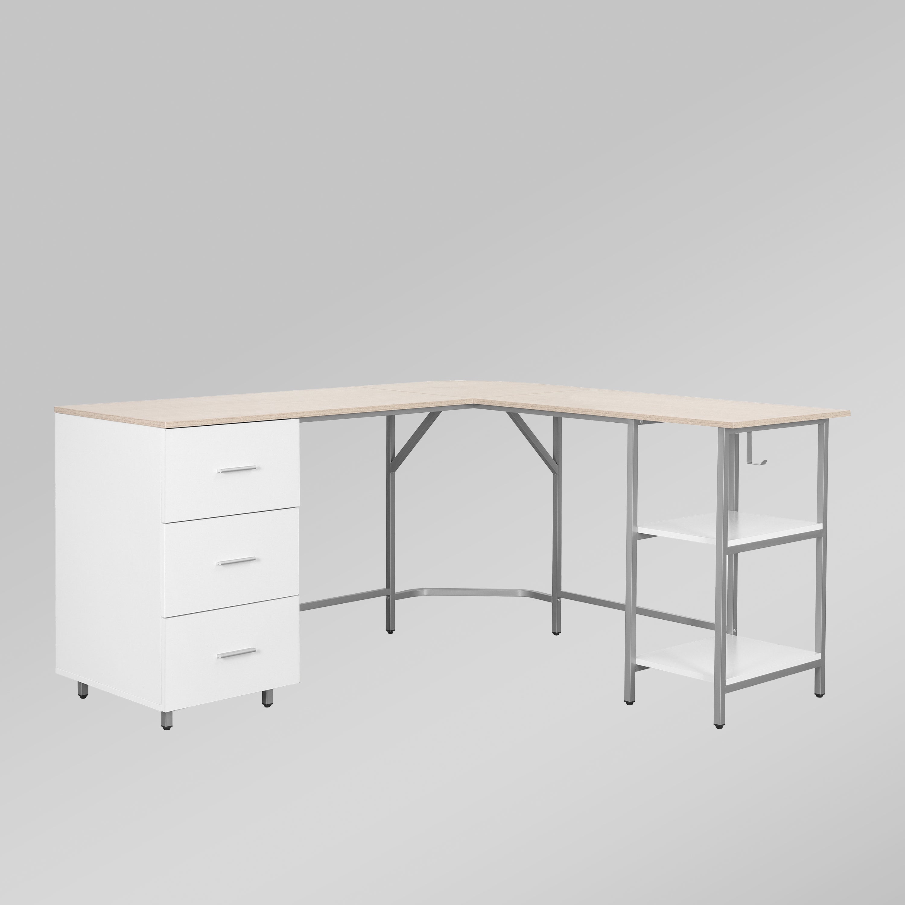 Techni Mobili L-Shape Home Office Two-Tone Desk with Storage, Sand